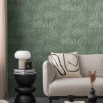 Wallpaper Soft Verdigris, sage and grey-green palmate leaves