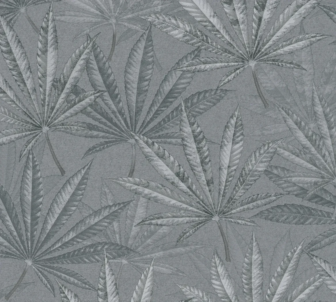 Wallpaper Misty Smoke, blue-grey fan leaves on mid-grey