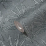 Wallpaper Misty Smoke, blue-grey fan leaves on mid-grey