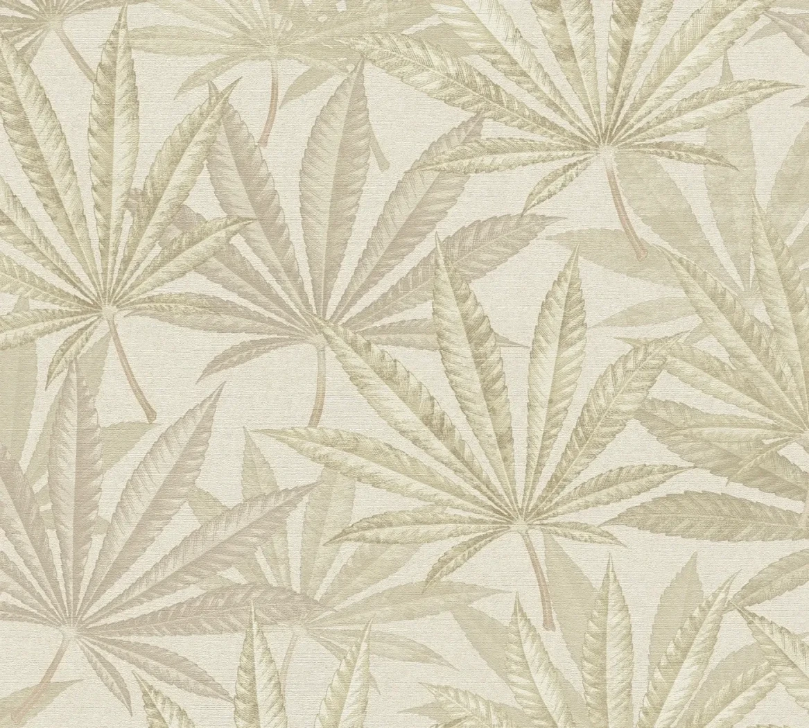 Wallpaper Veiled Pineapple, beige and gold palm leaves on ivory