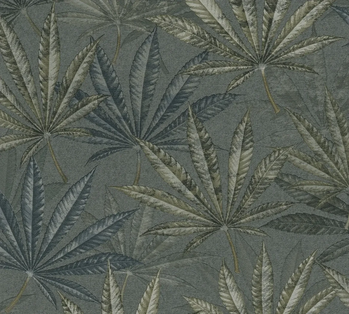 Wallpaper Deep Pearl, blue-green fan leaves on dark grey