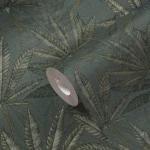 Wallpaper Deep Pearl, blue-green fan leaves on dark grey