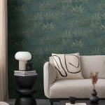 Wallpaper Deep Pearl, blue-green fan leaves on dark grey