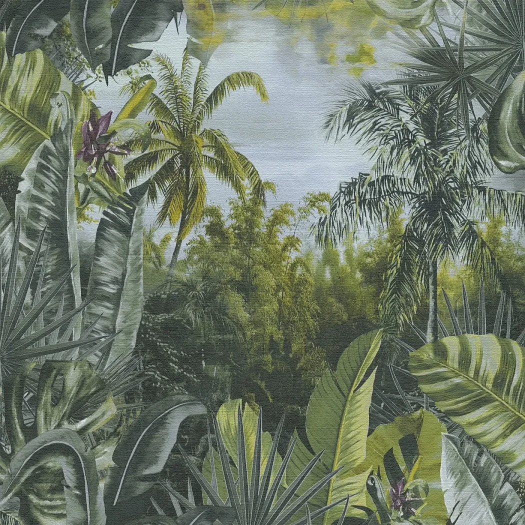 Wallpaper Ashen Grey Millstone, jungle mural with palms and grey sky