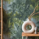 Wallpaper Ashen Grey Millstone, jungle mural with palms and grey sky