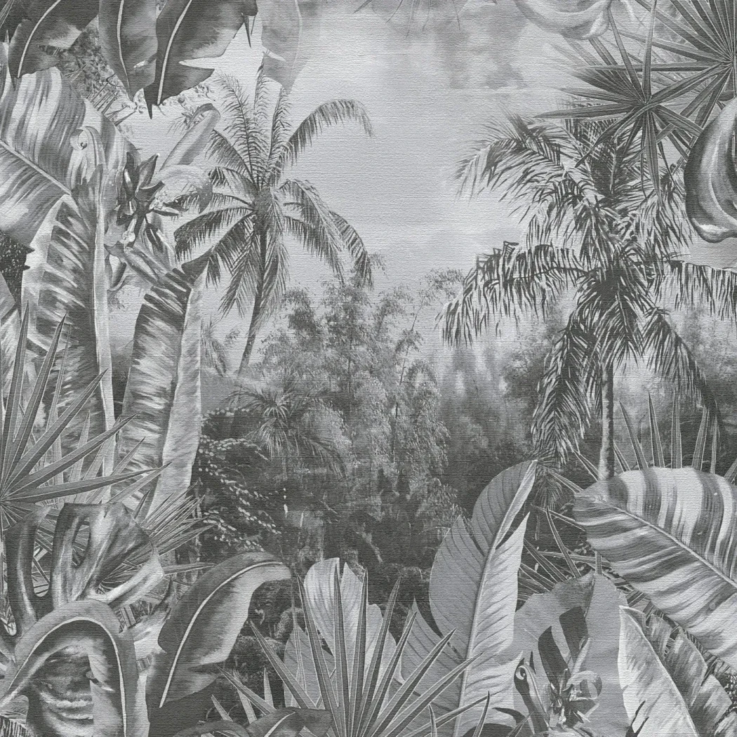 Wallpaper Misty Mica, grey panoramic tropical jungle scene