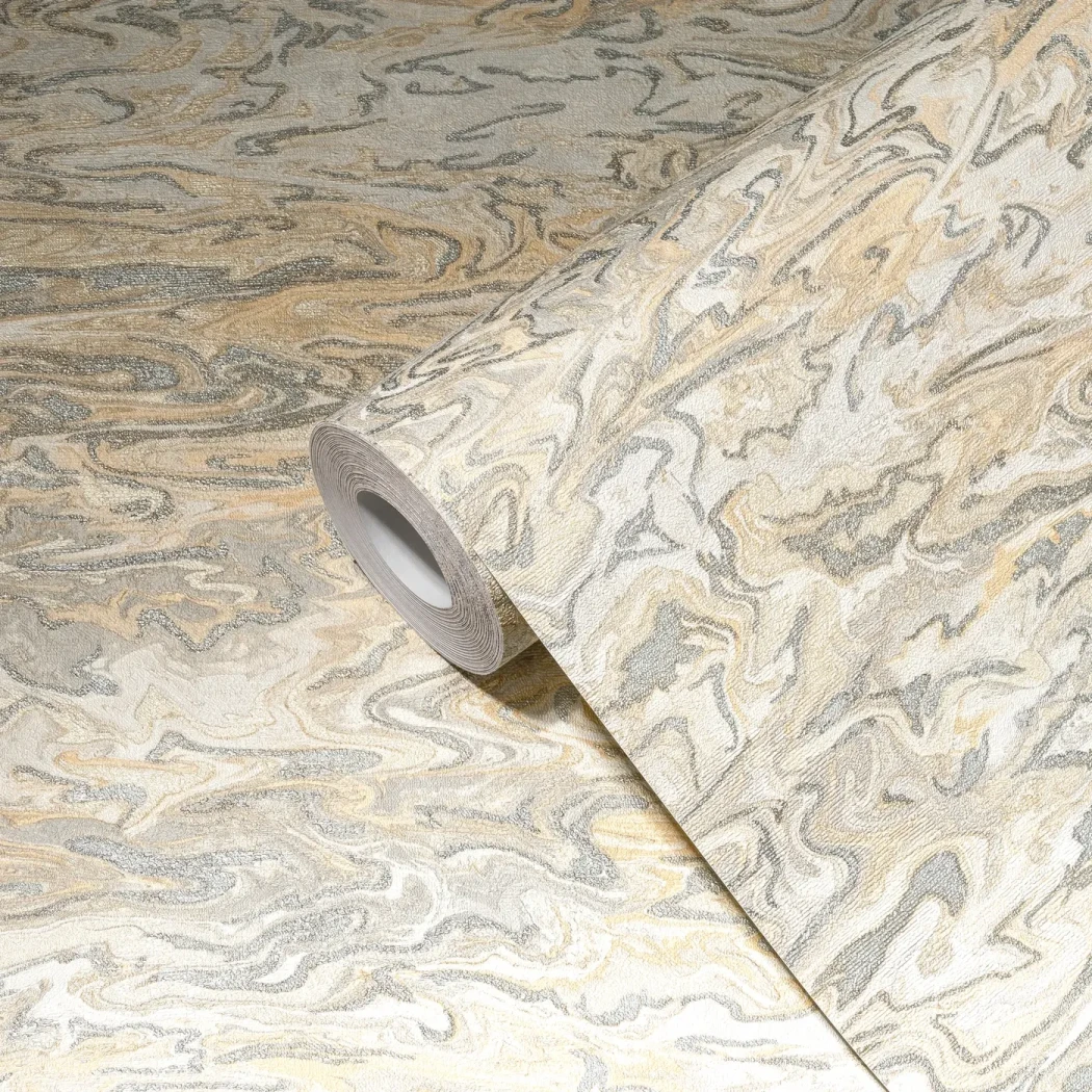 Wallpaper Pale Champagne, cream marble effect with grey and gold veins