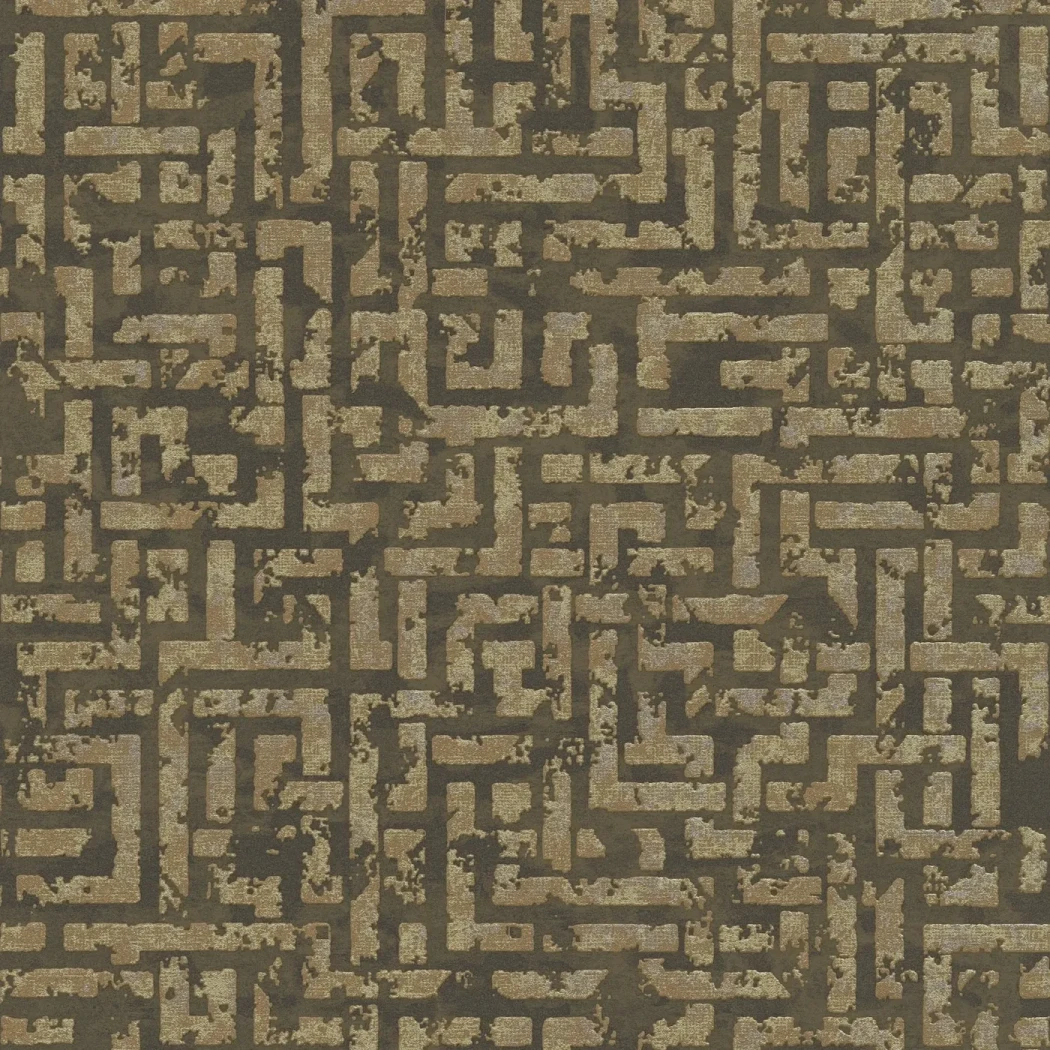 Wallpaper Deep Sienna, gold Greek key maze on dark brown