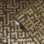 Wallpaper Deep Sienna, gold Greek key maze on dark brown