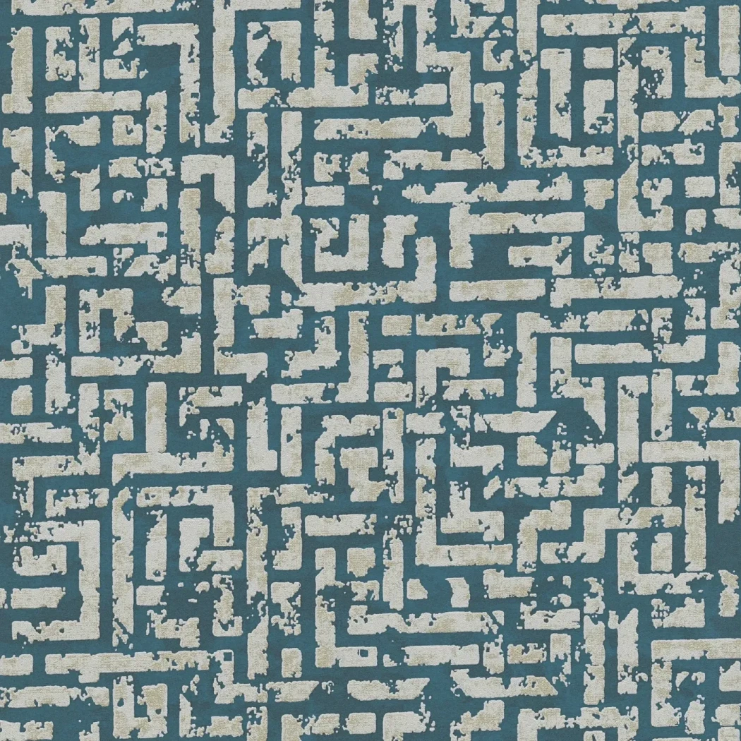 Wallpaper Ash Horizon, ivory and gold maze on peacock blue
