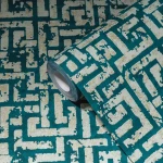 Wallpaper Ash Horizon, ivory and gold maze on peacock blue
