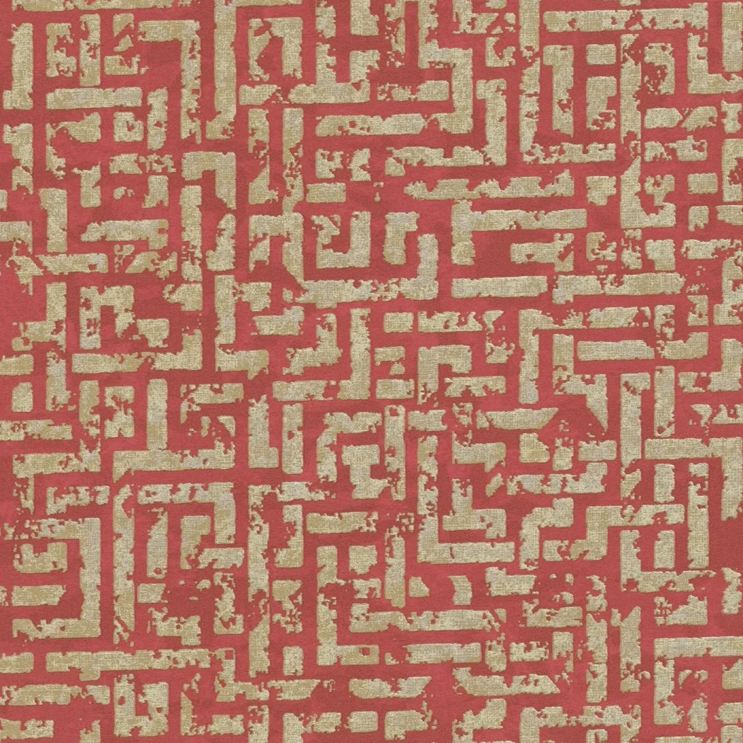 Wallpaper Misty Carmine, worn gold maze on carmine red