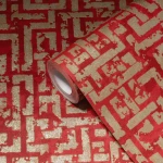 Wallpaper Misty Carmine, worn gold maze on carmine red