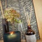 Wallpaper Dark Smoke, dark brushed wood planks with gold highlights
