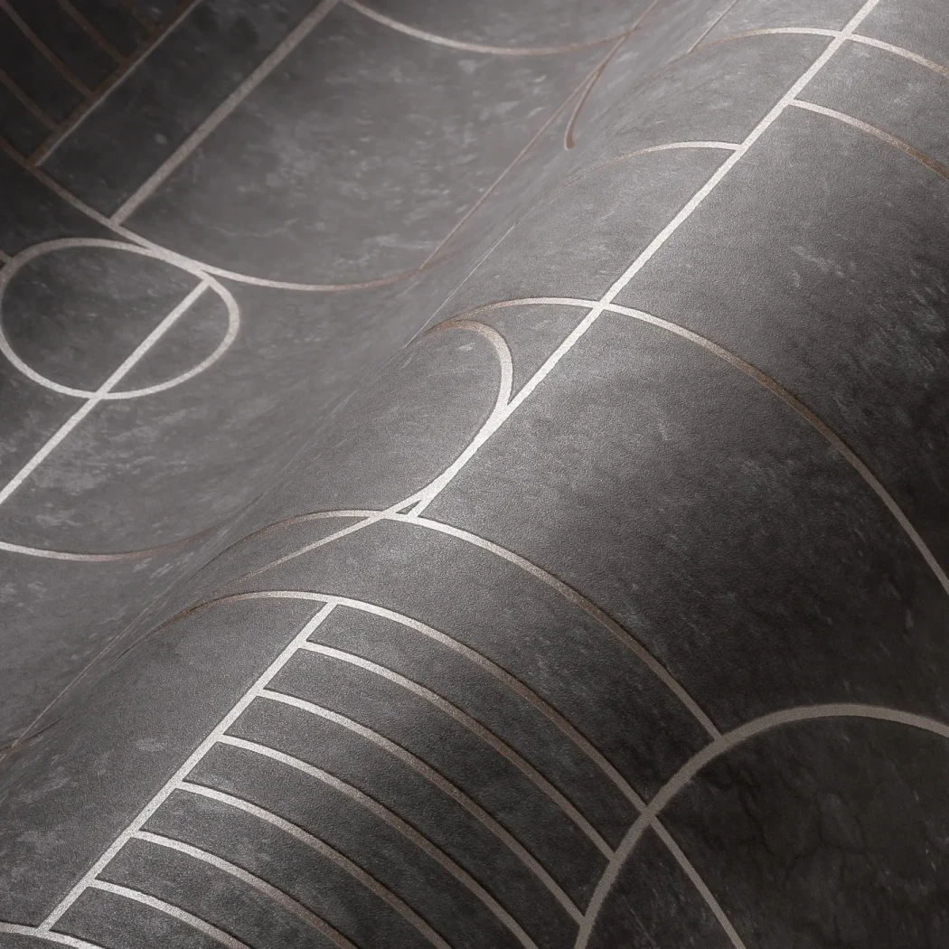 Wallpaper Soft Cloud, beige and copper arcs on charcoal grey
