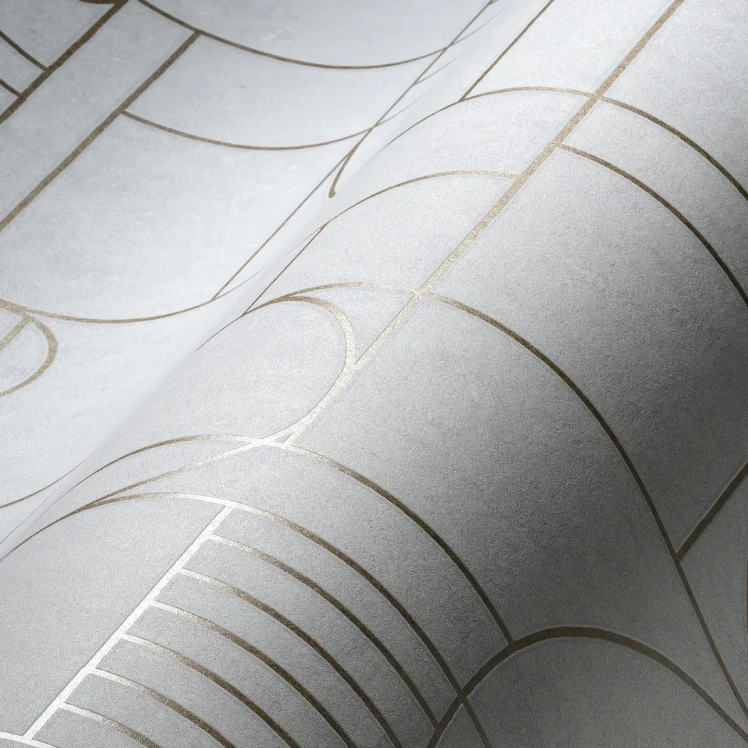 Wallpaper Intense Anthracite, gold Art Deco arcs on pearl grey