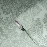 Wallpaper Veiled Silica, pale aqua tone-on-tone paisley damask