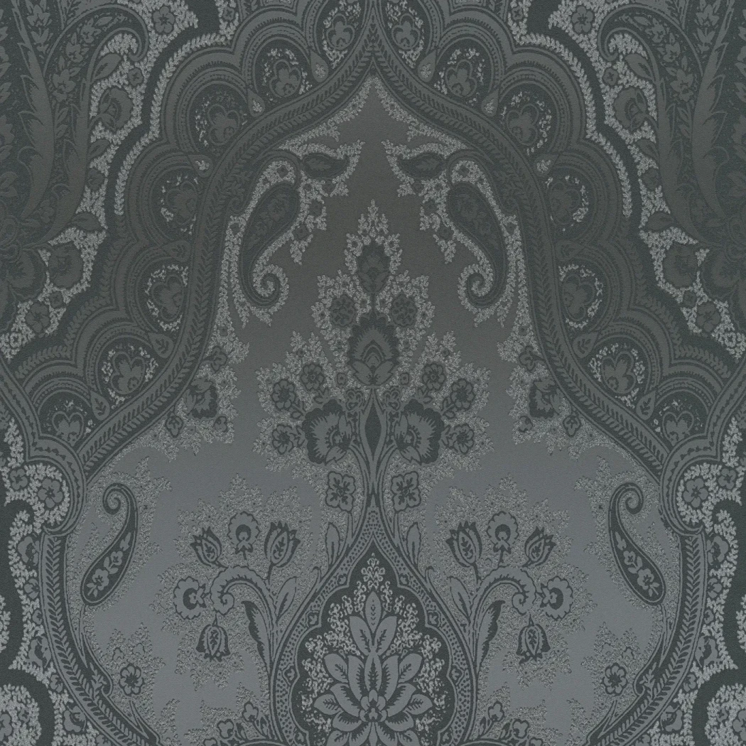 Wallpaper Ashen Rock, silver paisley on anthracite grey