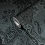 Wallpaper Ashen Rock, silver paisley on anthracite grey