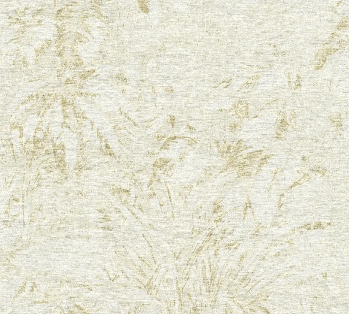 Wallpaper Light Citron, beige and gold palm and fern leaves