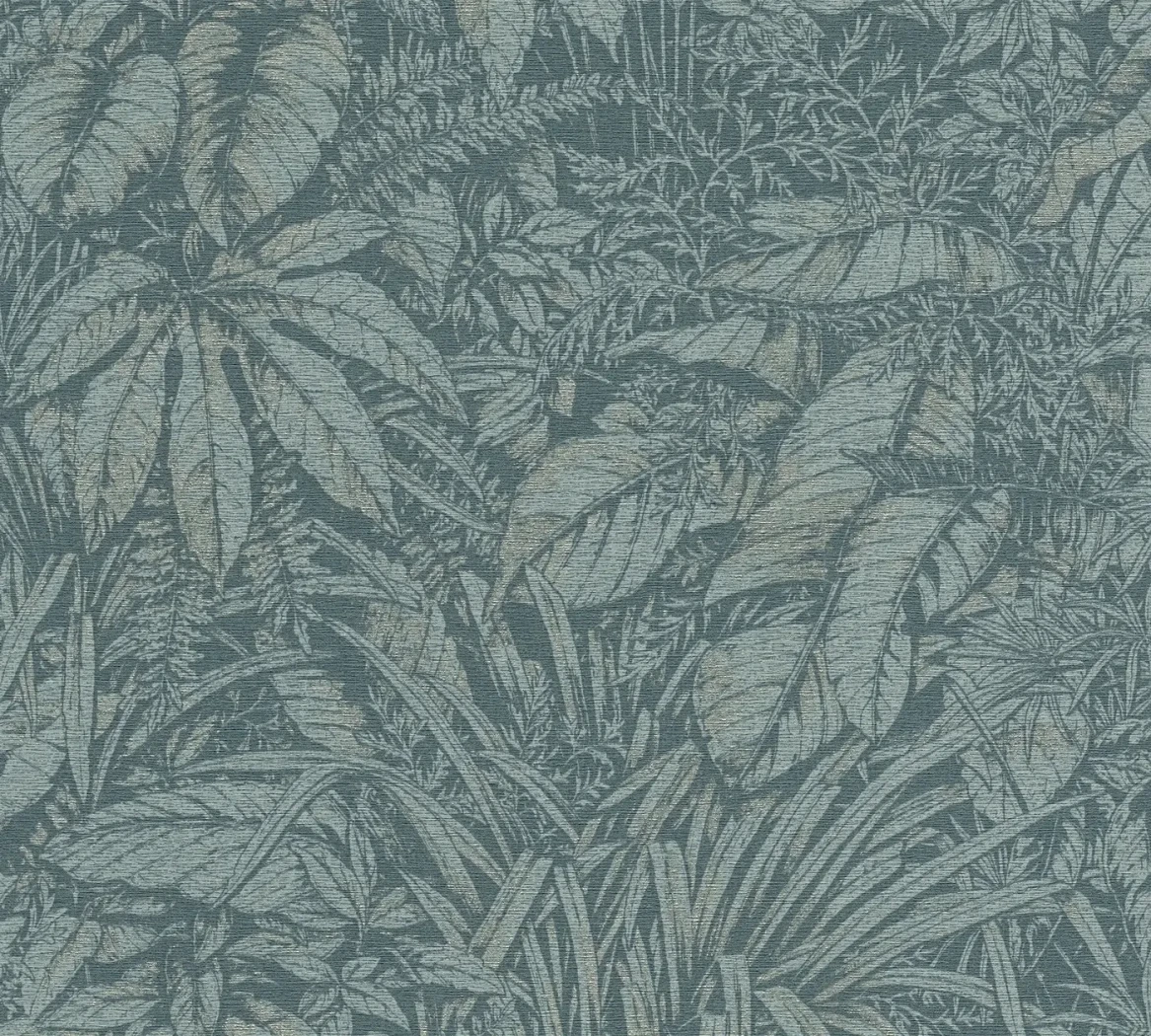 Wallpaper Misty Blue Slate, blue-green tropical leaves on midnight blue