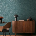 Wallpaper Misty Blue Slate, blue-green tropical leaves on midnight blue