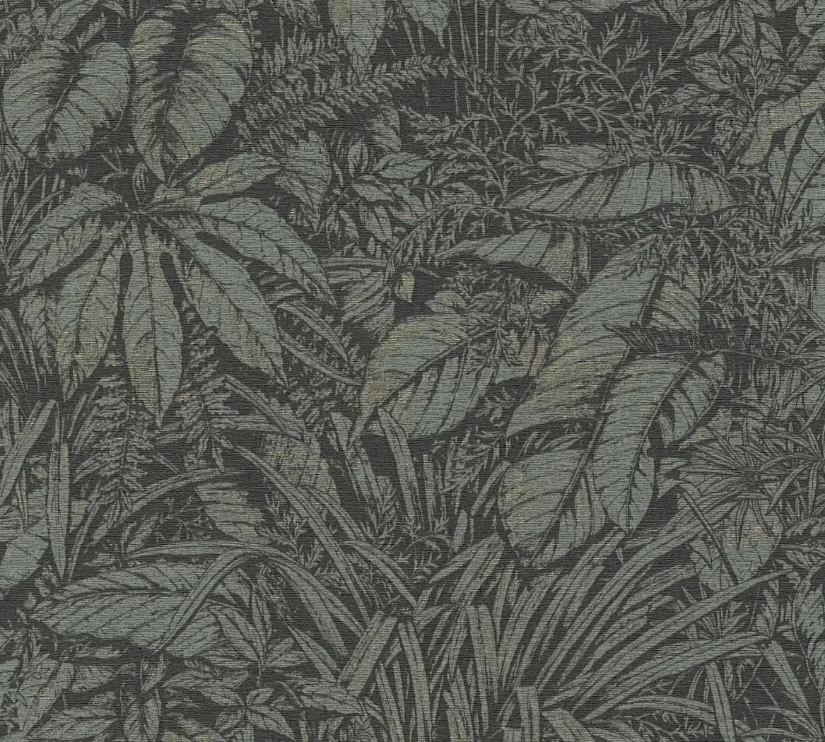 Wallpaper Misty Dawn, blue-grey tropical leaves on near-black ground