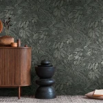 Wallpaper Misty Dawn, blue-grey tropical leaves on near-black ground