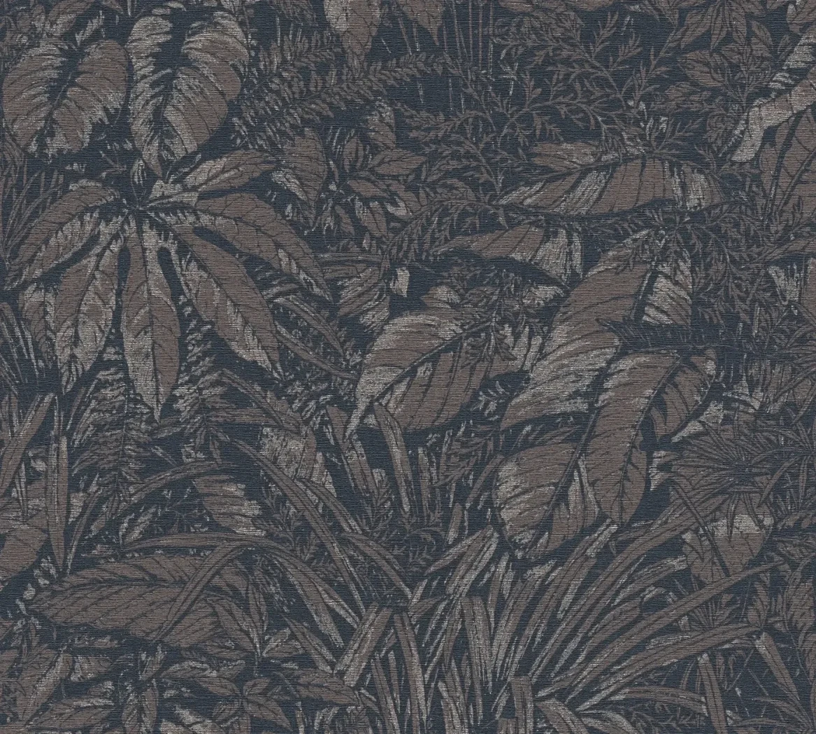 Wallpaper Deep Basalt, brown and bronze foliage on dark charcoal