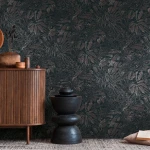 Wallpaper Deep Basalt, brown and bronze foliage on dark charcoal
