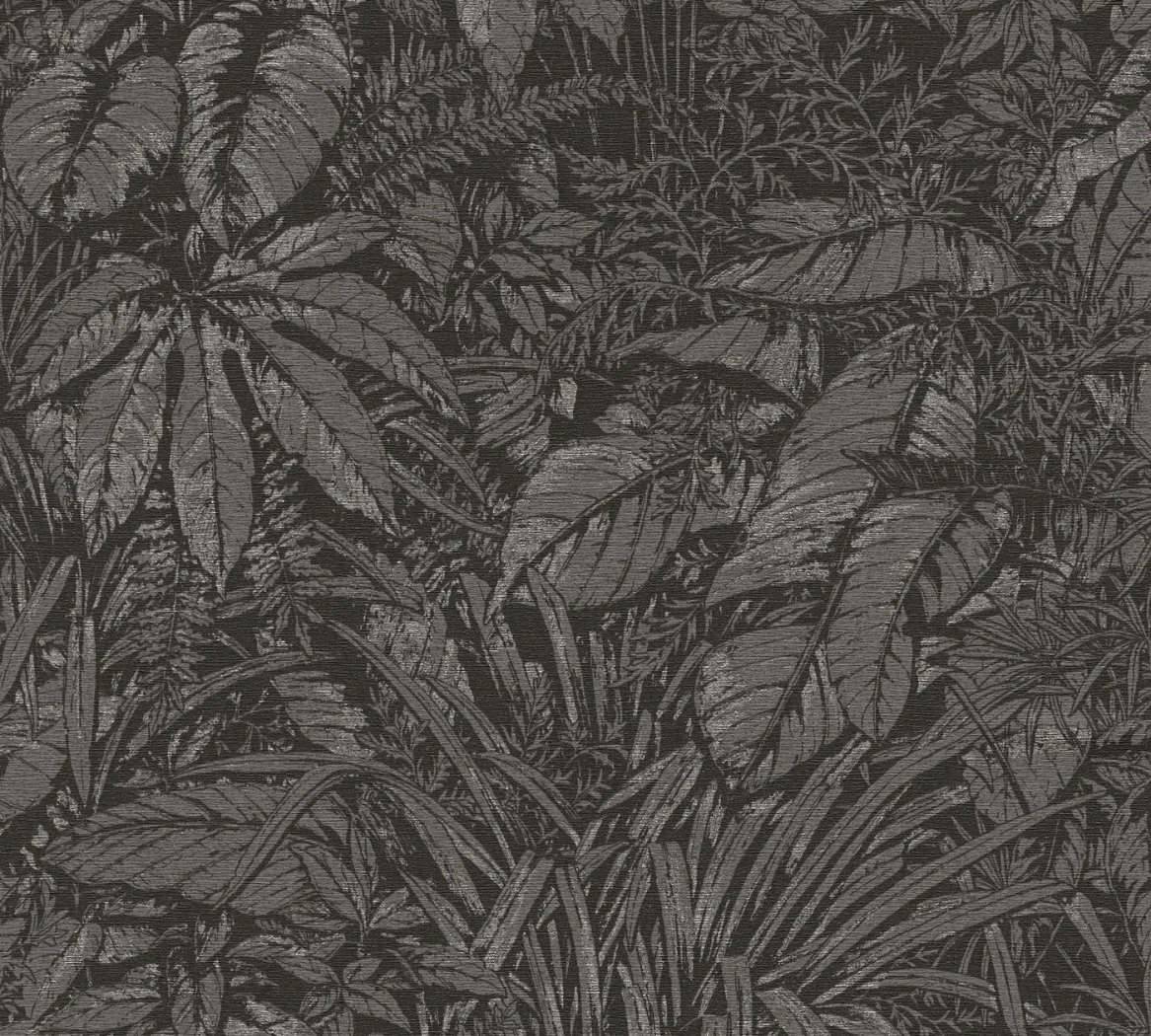 Wallpaper Dark Pebble, silver grey tropical leaves on black