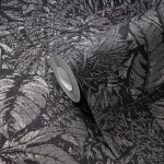 Wallpaper Dark Pebble, silver grey tropical leaves on black