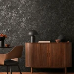 Wallpaper Dark Pebble, silver grey tropical leaves on black