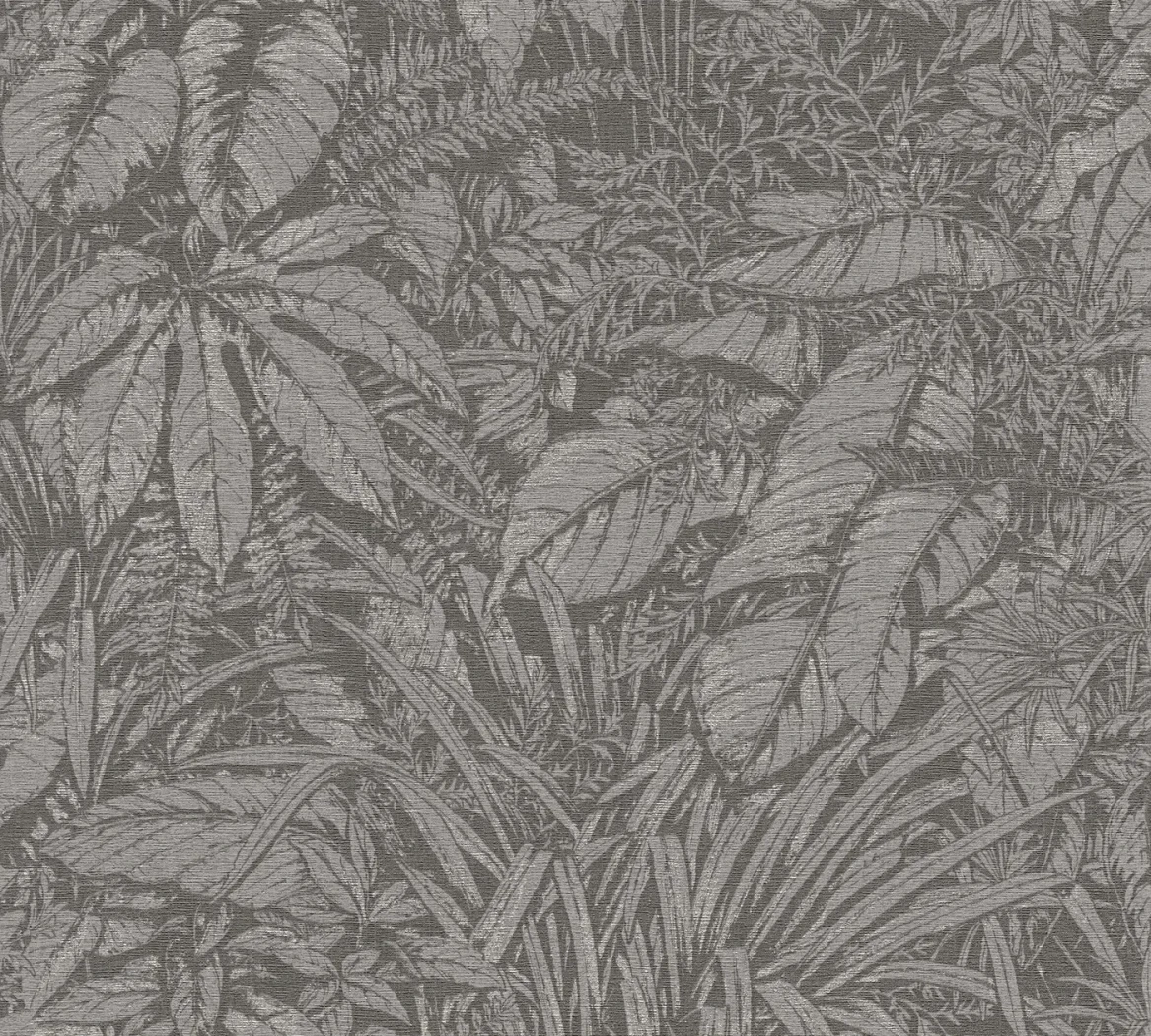 Wallpaper Misty Shadow, grey engraved jungle leaves on dark grey
