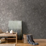 Wallpaper Misty Shadow, grey engraved jungle leaves on dark grey
