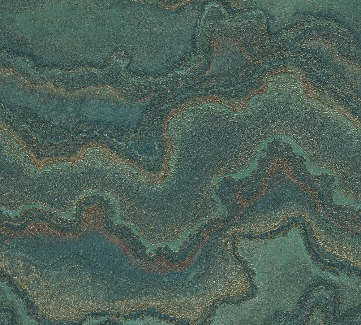Wallpaper Ashen Blue Foam, teal marbling with copper and gold veins