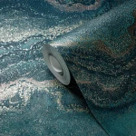 Wallpaper Ashen Blue Foam, teal marbling with copper and gold veins