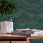Wallpaper Ashen Blue Foam, teal marbling with copper and gold veins