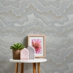 Wallpaper Veiled Nickel, pale marble effect with fine gold veins