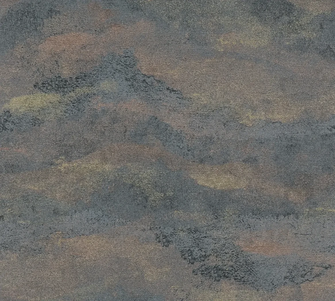 Wallpaper Misty Chrome, abstract slate, ochre and rust colour washes