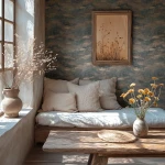 Wallpaper Misty Chrome, abstract slate, ochre and rust colour washes