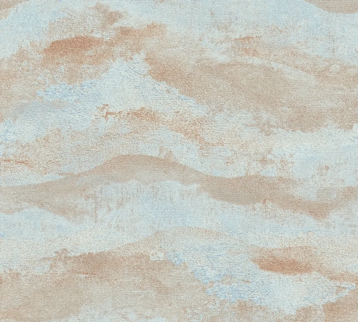 Wallpaper Veiled Soot, pale blue and terracotta marbled waves