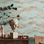 Wallpaper Veiled Soot, pale blue and terracotta marbled waves