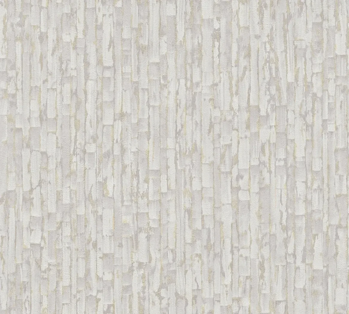 Wallpaper Veiled Drizzle, light beige-grey brushed wood boards with gold lines