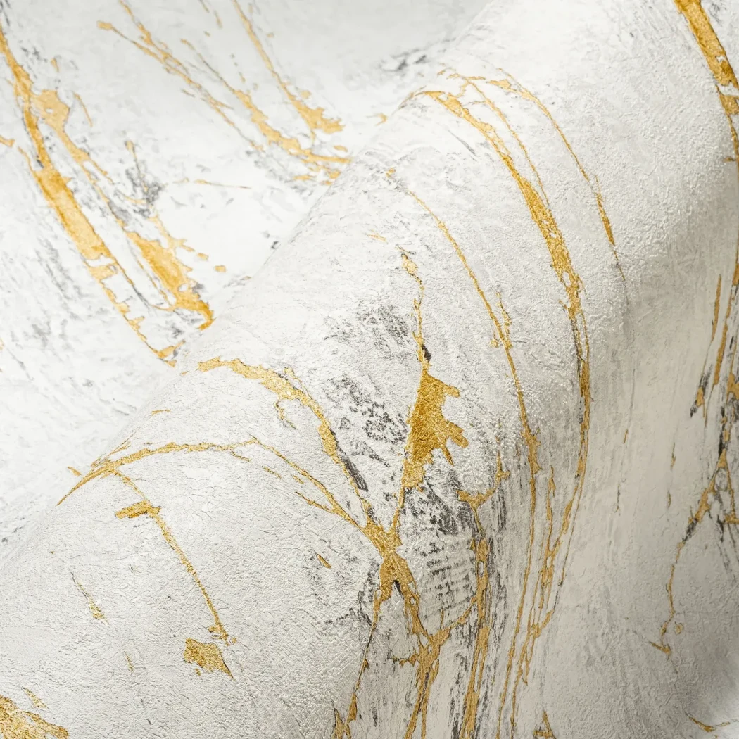 Wallpaper Pale Rain, white marble effect with grey and gold veins