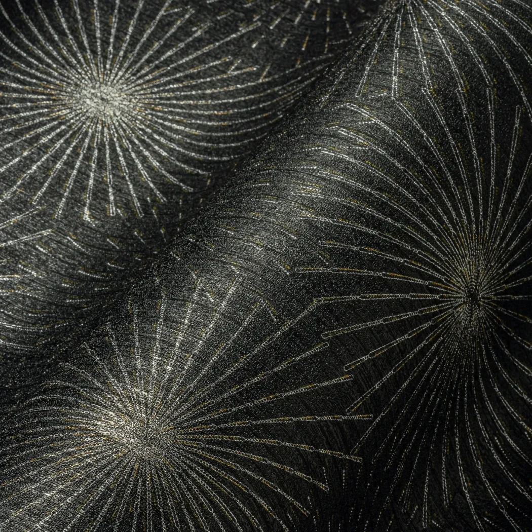 Wallpaper Deep Ash, silver and gold rosettes on black
