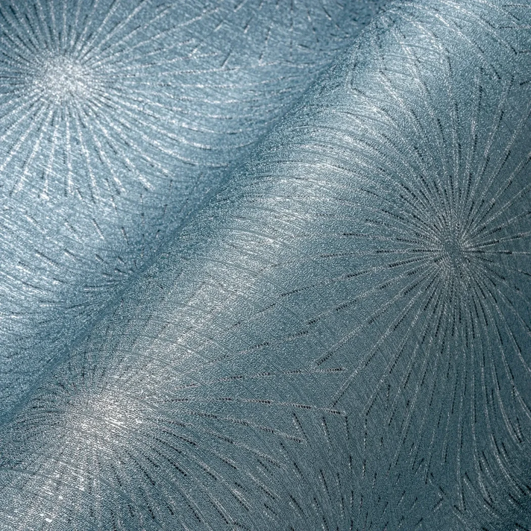 Wallpaper Soft Blue Foam, silver fan pattern on teal