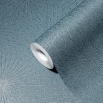Wallpaper Soft Blue Foam, silver fan pattern on teal