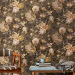 Wallpaper Deep Apricot, gold and terracotta peonies on charcoal