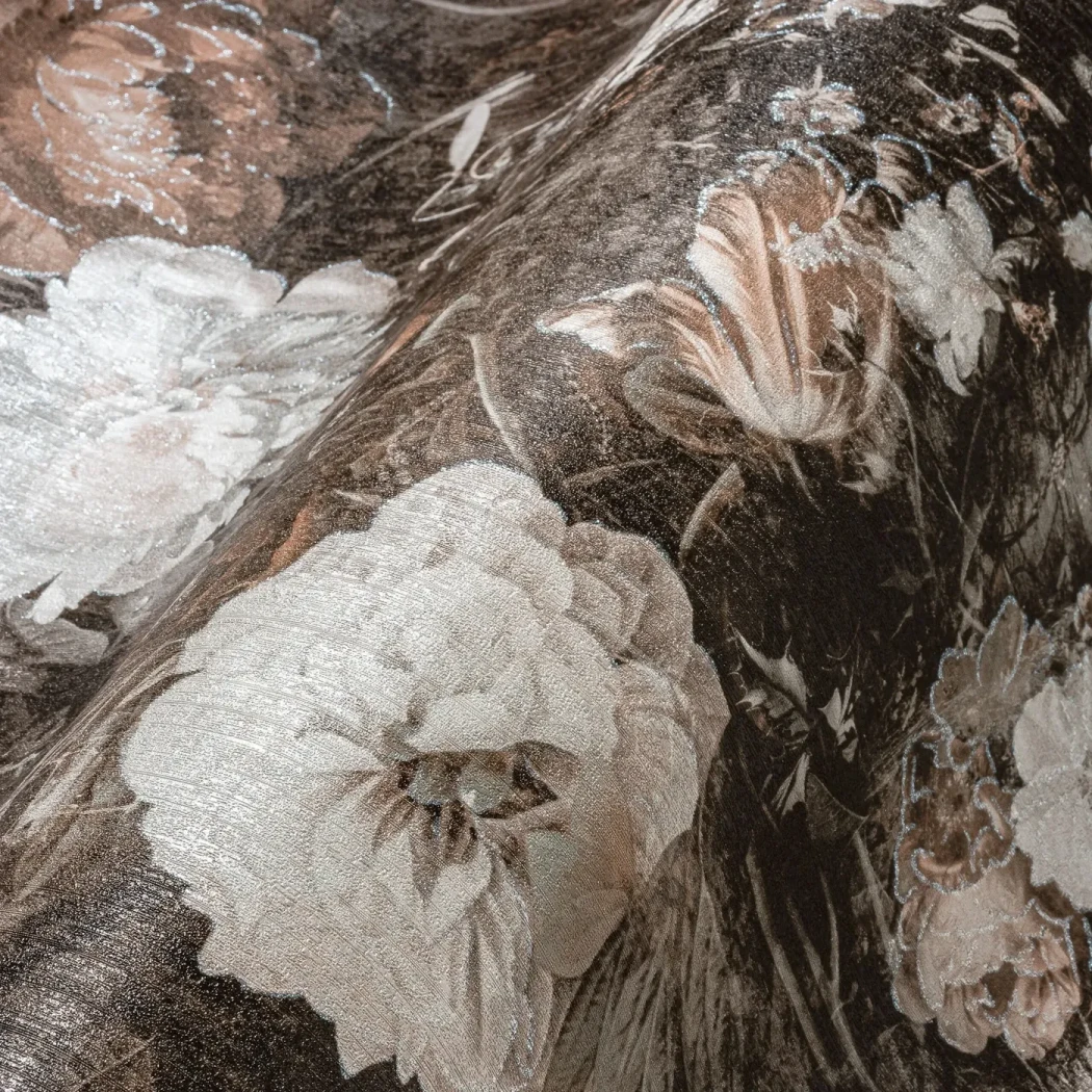 Wallpaper Jet with ivory peonies on a near-black ground